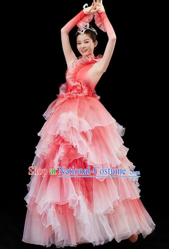 Chinese Modern Dance Pink Dress Flower Dance Garment Opening Dance Clothing Women Group Dance Costume