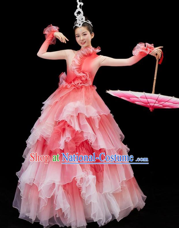 Chinese Modern Dance Pink Dress Flower Dance Garment Opening Dance Clothing Women Group Dance Costume