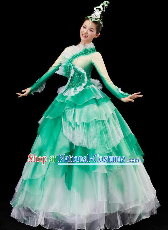 Chinese Women Group Dance Costume Modern Dance Green Dress Flower Dance Garment Opening Dance Clothing