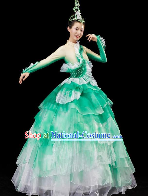 Chinese Women Group Dance Costume Modern Dance Green Dress Flower Dance Garment Opening Dance Clothing