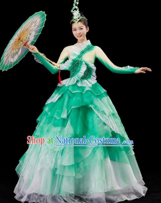 Chinese Women Group Dance Costume Modern Dance Green Dress Flower Dance Garment Opening Dance Clothing