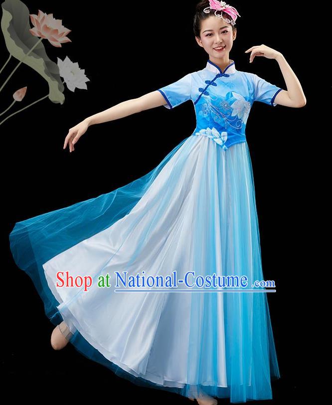 Chinese Classical Dance Clothing Women Chorus Group Costume Modern Dance Blue Dress Umbrella Dance Garment