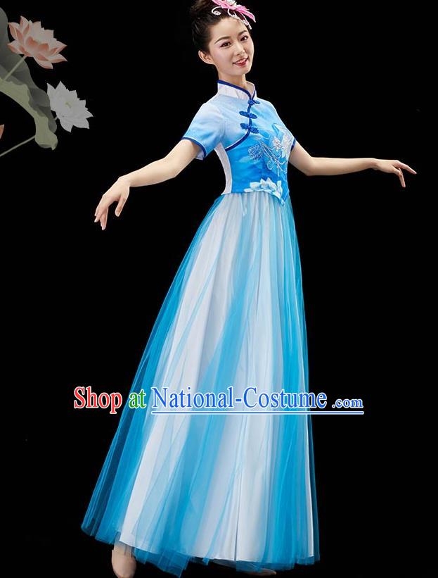 Chinese Classical Dance Clothing Women Chorus Group Costume Modern Dance Blue Dress Umbrella Dance Garment