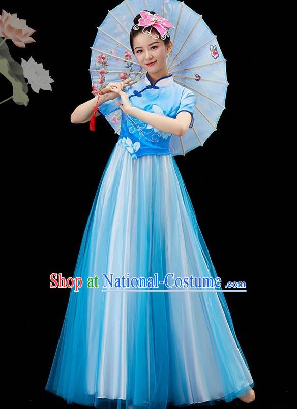 Chinese Classical Dance Clothing Women Chorus Group Costume Modern Dance Blue Dress Umbrella Dance Garment