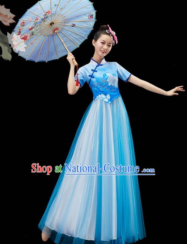 Chinese Classical Dance Clothing Women Chorus Group Costume Modern Dance Blue Dress Umbrella Dance Garment