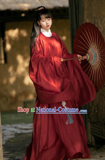 Chinese Traditional Red Hanfu Robe Ancient Swordswoman Historical Costumes Ming Dynasty Young Lady Clothing