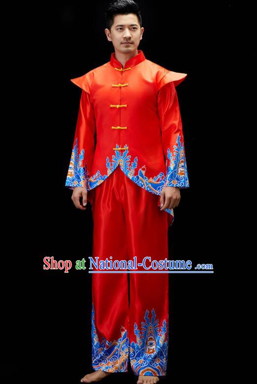 Chinese Drum Dance Clothing Men Folk Dance Costume Fan Dance Red Outfit Yangko Dance Garments