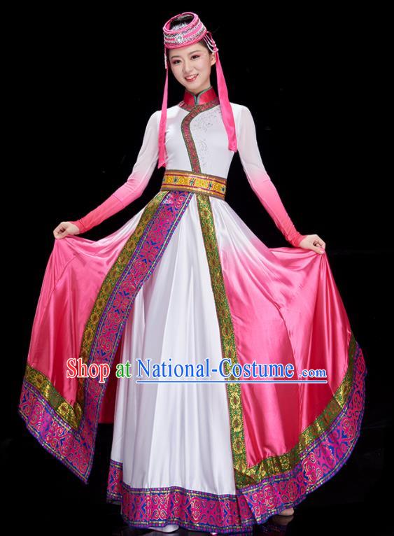 China Ethnic Costumes Mongol Nationality Dance Pink Dress Stage Performance Clothing Mongolian Women Garments