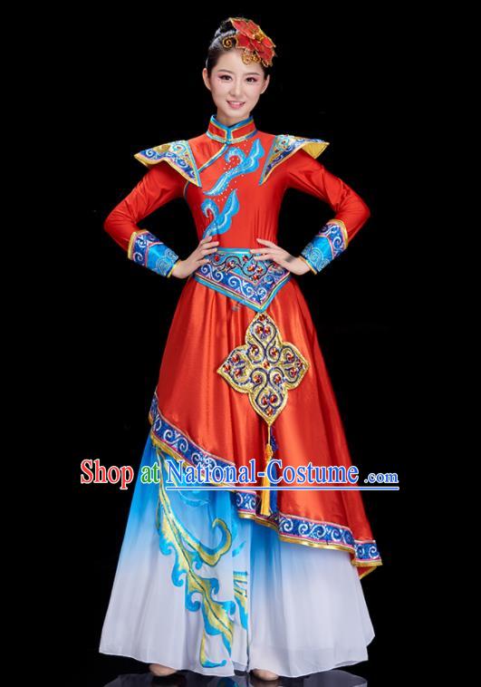 China Mongolian Women Garments Ethnic Costumes Mongol Nationality Dance Red Dress Stage Performance Clothing