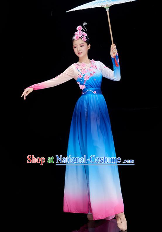 Chinese Women Group Dance Garments Classical Dance Costume Stage Performance Blue Dress Umbrella Dance Clothing