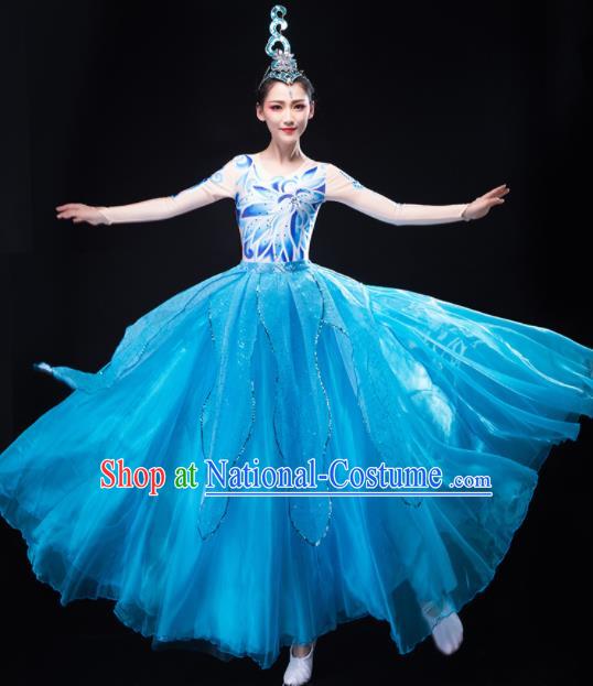 Chinese Stage Performance Blue Dress Opening Dance Clothing Women Group Dance Garment Modern Dance Costume