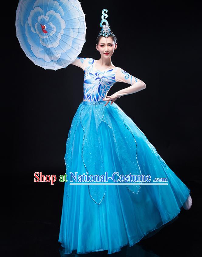 Chinese Stage Performance Blue Dress Opening Dance Clothing Women Group Dance Garment Modern Dance Costume