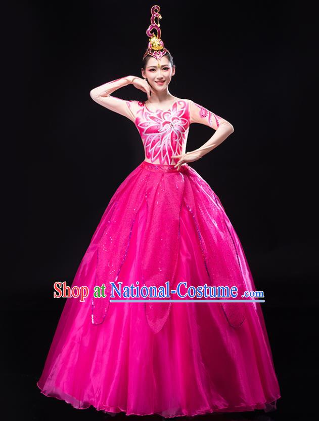 Chinese Modern Dance Costume Stage Performance Megenta Dress Opening Dance Clothing Women Group Dance Garment