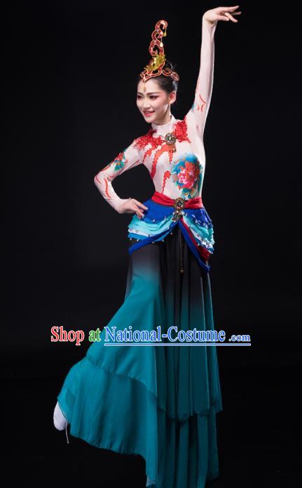 Chinese Stage Performance Turquoise Outfit Classical Dance Clothing Women Lotus Dance Garment Dunhuang Pipa Dance Costume