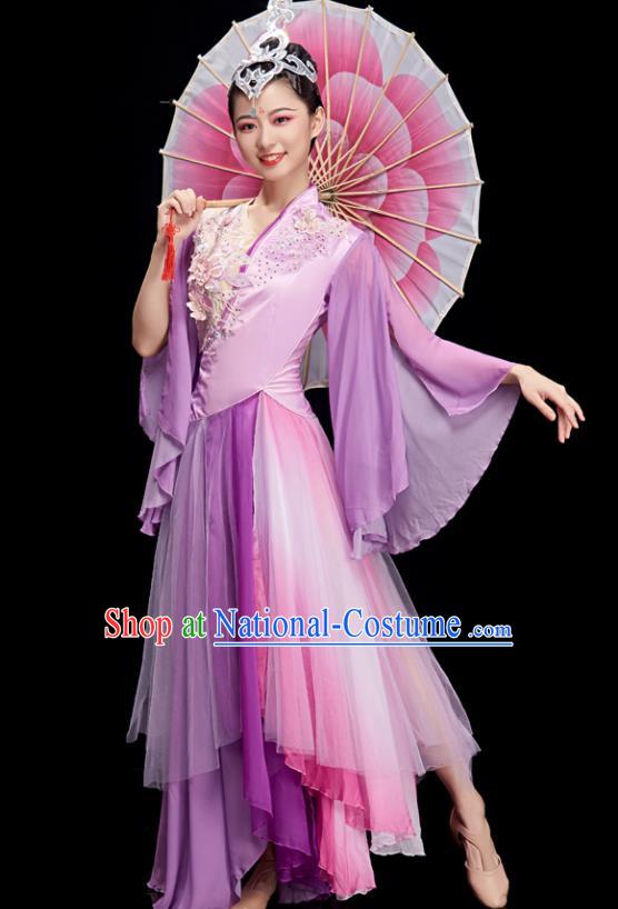 Chinese Stage Performance Purple Dress Outfit Umbrella Dance Clothing Women Group Dance Garments Classical Dance Costumes