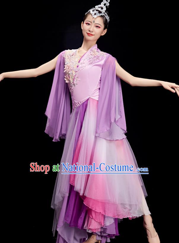 Chinese Stage Performance Purple Dress Outfit Umbrella Dance Clothing Women Group Dance Garments Classical Dance Costumes