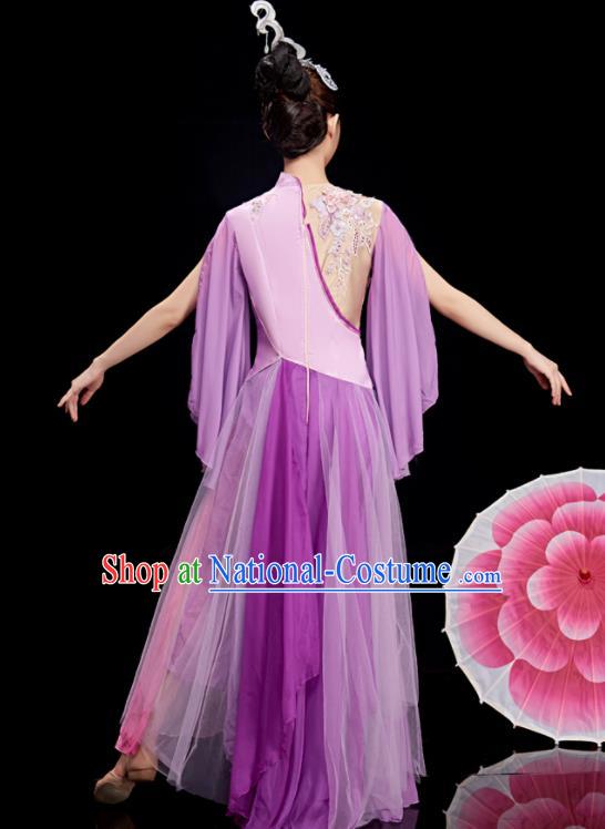 Chinese Stage Performance Purple Dress Outfit Umbrella Dance Clothing Women Group Dance Garments Classical Dance Costumes