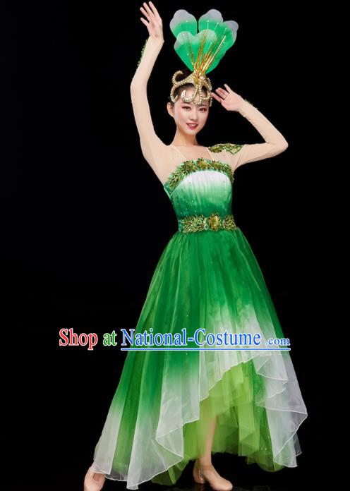 Chinese Modern Dance Clothing Women Group Dance Garment Opening Dance Costume Stage Performance Green Dress and Headpiece