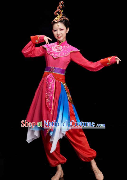 Chinese Stage Performance Megenta Outfit Drum Dance Clothing Women Group Dance Garment Classical Dance Costumes