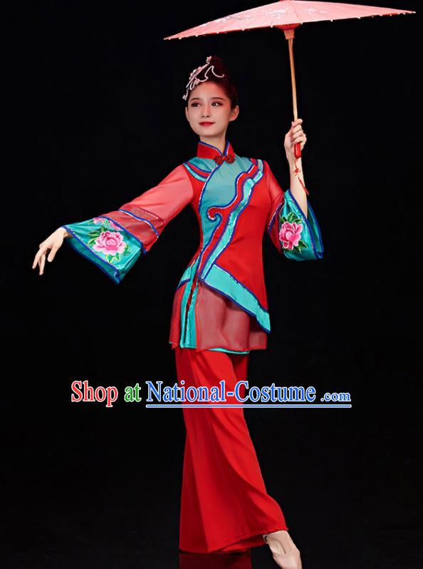 Chinese Women Yangko Dance Garments Folk Dance Costumes Stage Performance Red Outfit Umbrella Dance Clothing