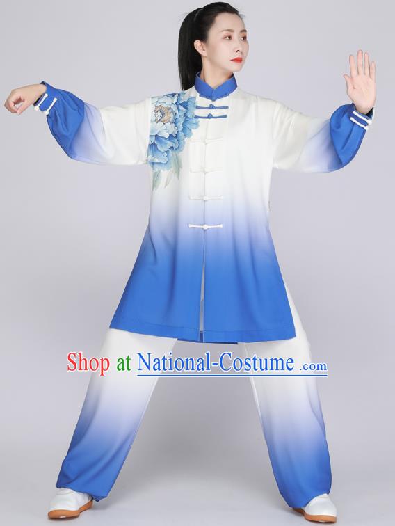 Top Tai Chi Outfit Chinese Kung Fu Costumes Tai Ji Training Blue Uniform Printing Peony Clothing