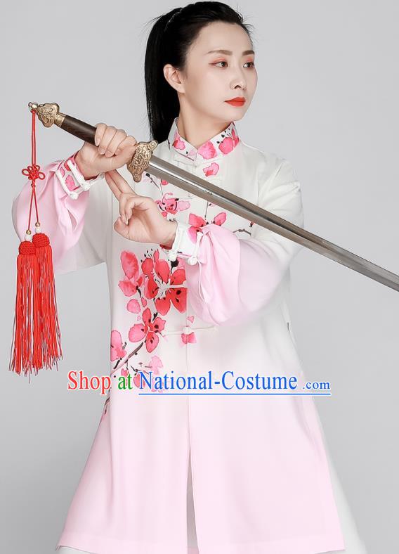 Chinese Kung Fu Costumes Tai Ji Competition Uniform Printing Peach Blossom Gradient Pink Outfit Tai Chi Training Outfit