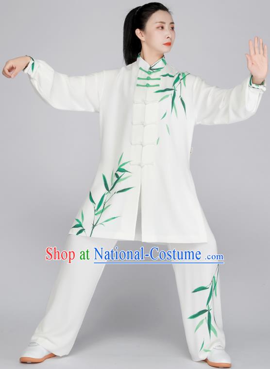 Chinese Tai Ji Competition White Uniform Printing Green Bamboo Leaf Outfit Tai Chi Training Outfit Kung Fu Costumes