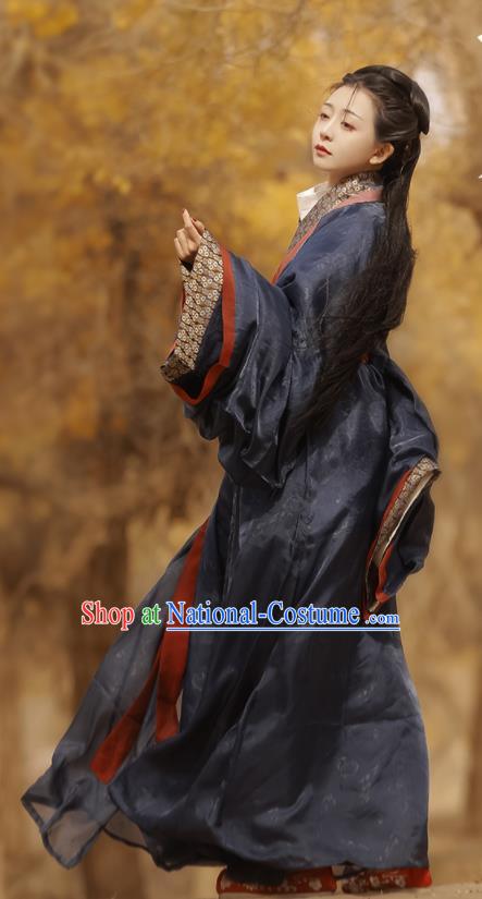 Chinese Han Dynasty Women Historical Costumes Traditional Navy Straight Front Robe Hanfu Clothing Ancient Palace Lady Garments