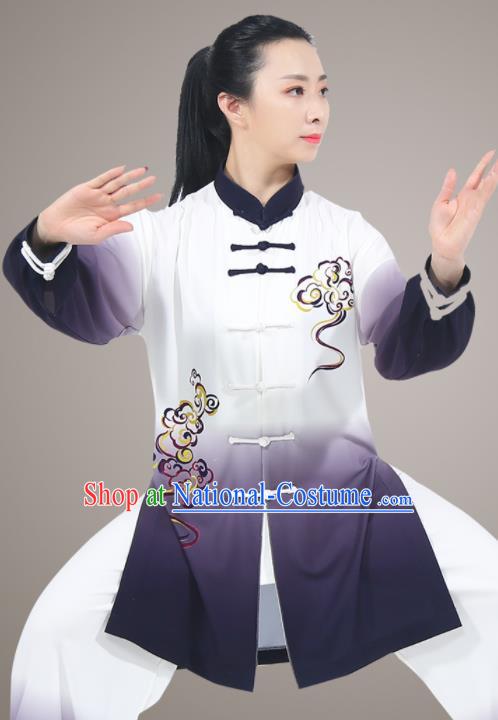 Chinese Traditional Kung Fu Costumes Top Tai Ji Training Uniform Martial Arts Competition Clothing Tai Chi Printing Clouds Navy Outfit