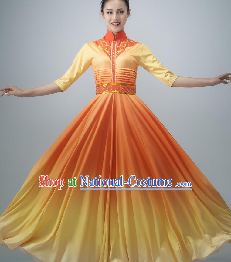 Chinese Chorus Group Performance Costume Modern Dance Orange Dress Opening Dance Clothing Women Dance Garment