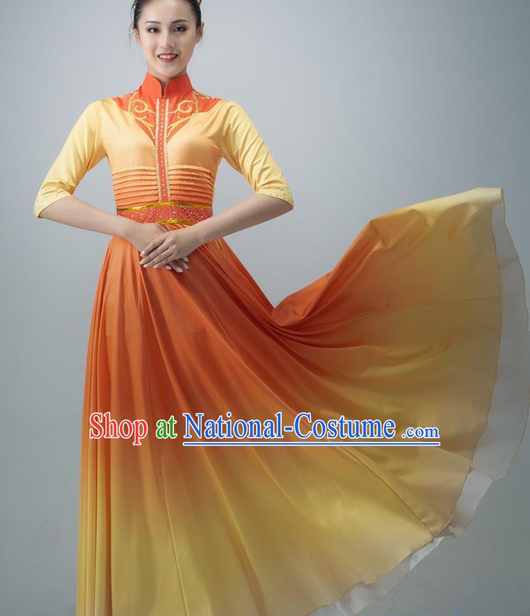 Chinese Chorus Group Performance Costume Modern Dance Orange Dress Opening Dance Clothing Women Dance Garment