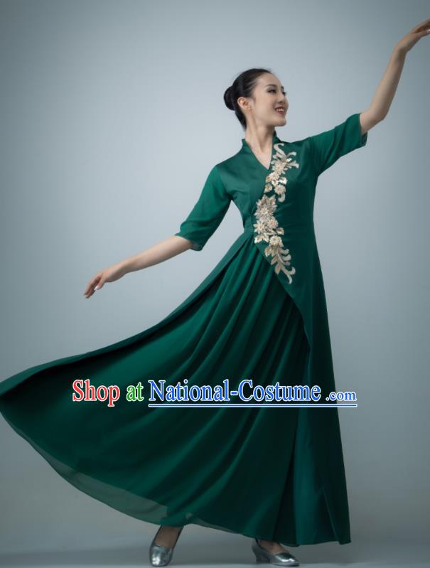 Chinese Opening Dance Clothing Women Dance Garment Chorus Group Performance Costume Modern Dance Dark Green Dress