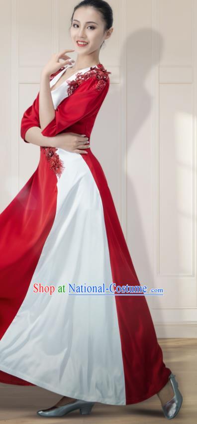 Chinese Modern Dance Wine Red Dress Opening Dance Clothing Women Compere Garment Chorus Group Performance Costume