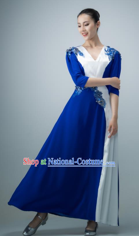 Chinese Women Compere Garment Chorus Group Performance Costume Modern Dance Royal Blue Dress Opening Dance Clothing