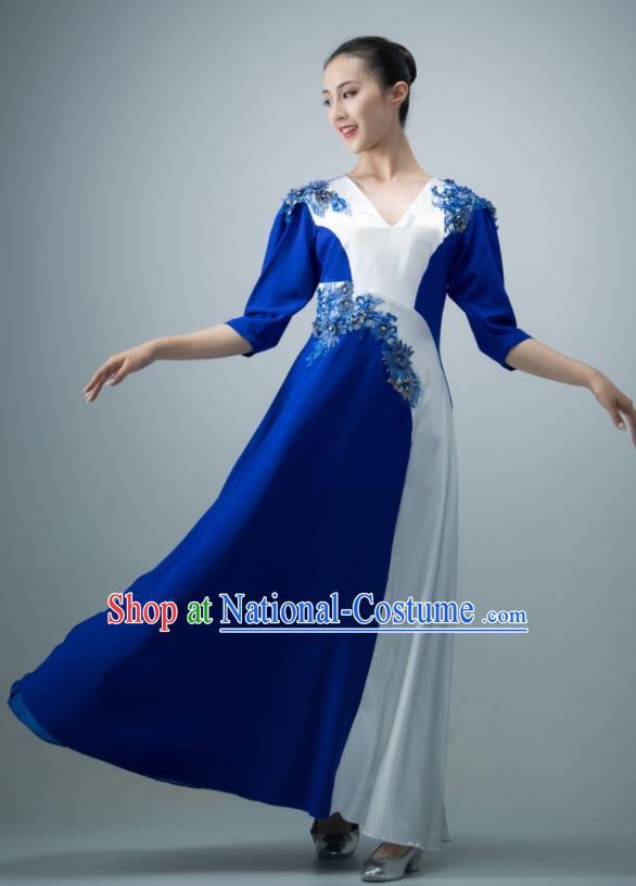 Chinese Women Compere Garment Chorus Group Performance Costume Modern Dance Royal Blue Dress Opening Dance Clothing