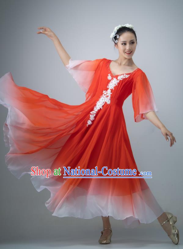 Chinese Opening Dance Clothing Women Group Dance Garment Chorus Performance Costume Modern Dance Red Chiffon Dress