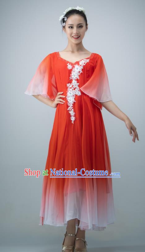 Chinese Opening Dance Clothing Women Group Dance Garment Chorus Performance Costume Modern Dance Red Chiffon Dress