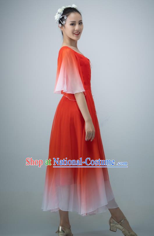 Chinese Opening Dance Clothing Women Group Dance Garment Chorus Performance Costume Modern Dance Red Chiffon Dress