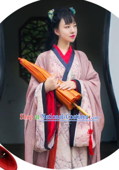 Chinese Ancient Young Lady Dress Garments Han Dynasty Princess Historical Costumes Traditional Hanfu Pink Straight Front Robe Clothing