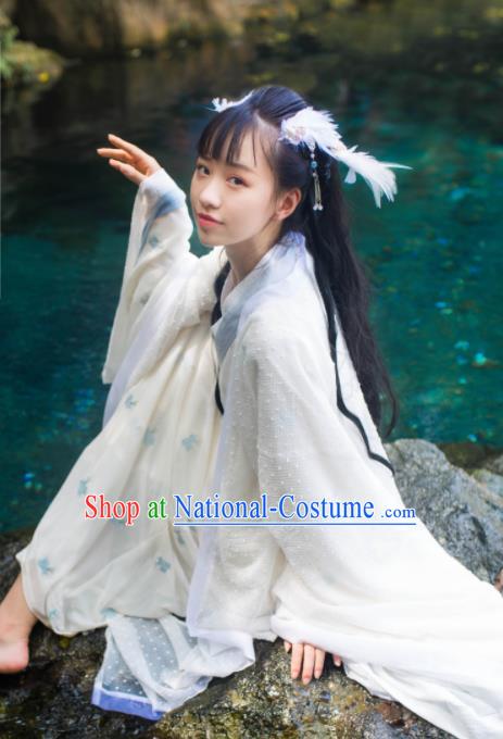 Chinese Traditional Hanfu White Straight Front Robe Clothing Ancient Fairy Dress Garments Jin Dynasty Historical Costumes