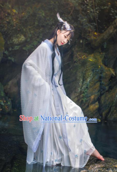 Chinese Traditional Hanfu White Straight Front Robe Clothing Ancient Fairy Dress Garments Jin Dynasty Historical Costumes