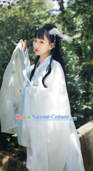 Chinese Traditional Hanfu White Straight Front Robe Clothing Ancient Fairy Dress Garments Jin Dynasty Historical Costumes