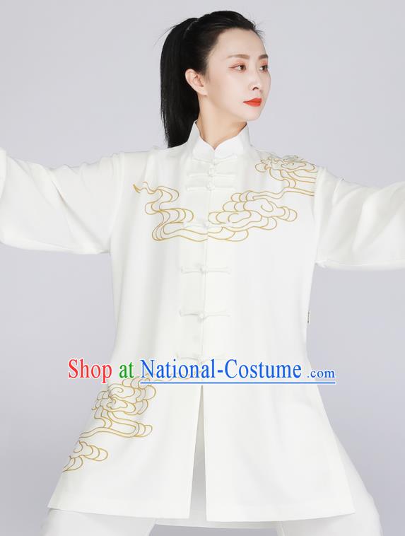 Chinese Tai Chi Training Outfit Traditional Kung Fu Costumes Tai Ji Competition White Uniform Printing Clouds Outfit