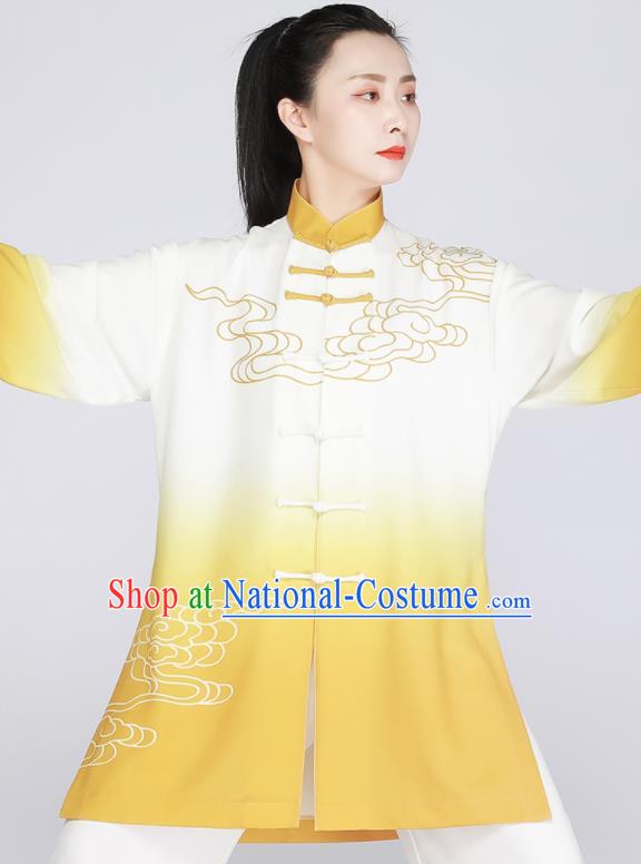 Chinese Printing Clouds Outfit Tai Chi Training Outfit Traditional Kung Fu Costumes Tai Ji Competition Yellow Uniform