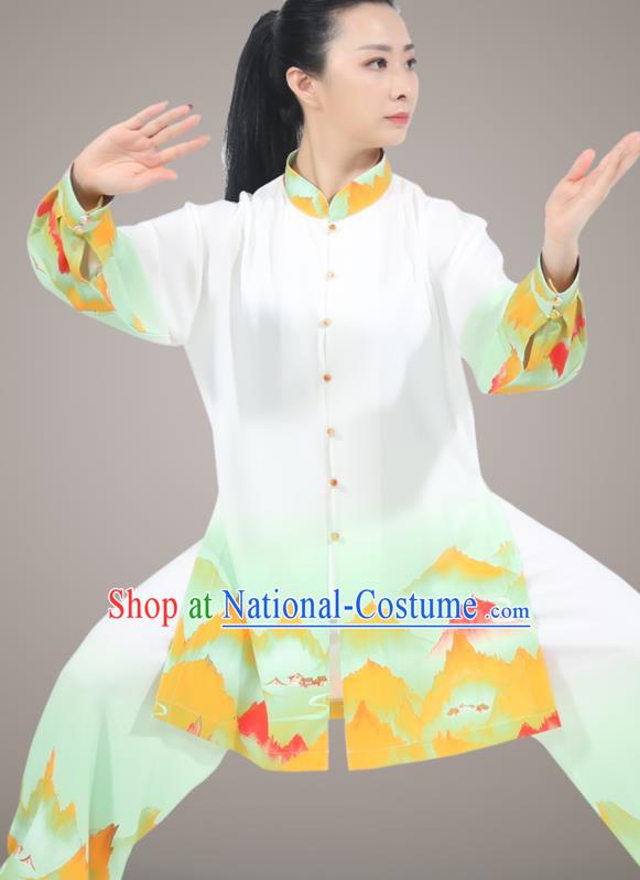 Chinese Tai Ji Competition Light Green Uniform Printing Landscape Outfit Tai Chi Training Outfit Traditional Kung Fu Costumes