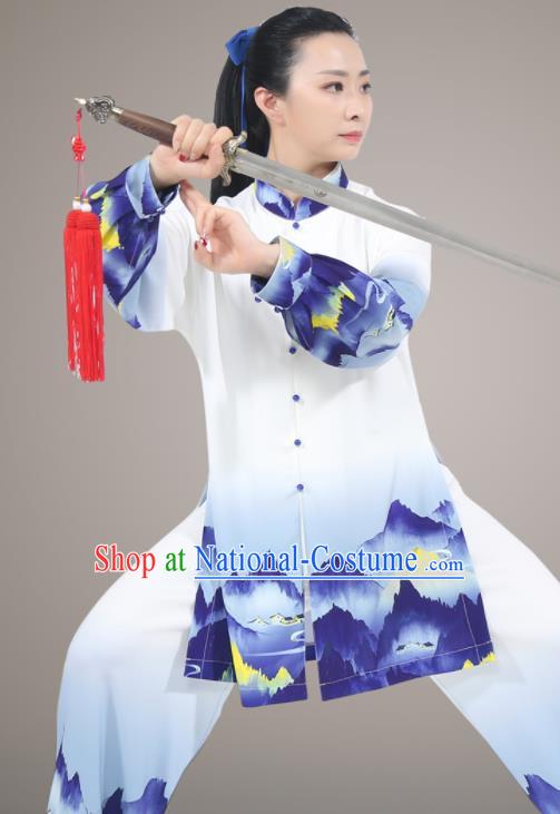 Chinese Traditional Kung Fu Costumes Tai Ji Competition Blue Uniform Printing Landscape Outfit Tai Chi Training Outfit