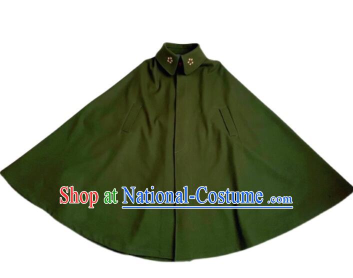 Chinese Woolen Cappa Soldiers Short Mantle Traditional Military Officer Green Shawl