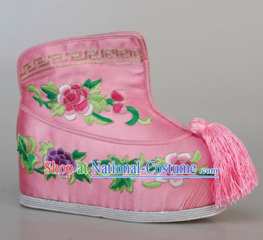 Chinese Traditional Opera Pink Satin Boots Handmade Shoes Ancient Princess Shoes Embroidered Hanfu Boots