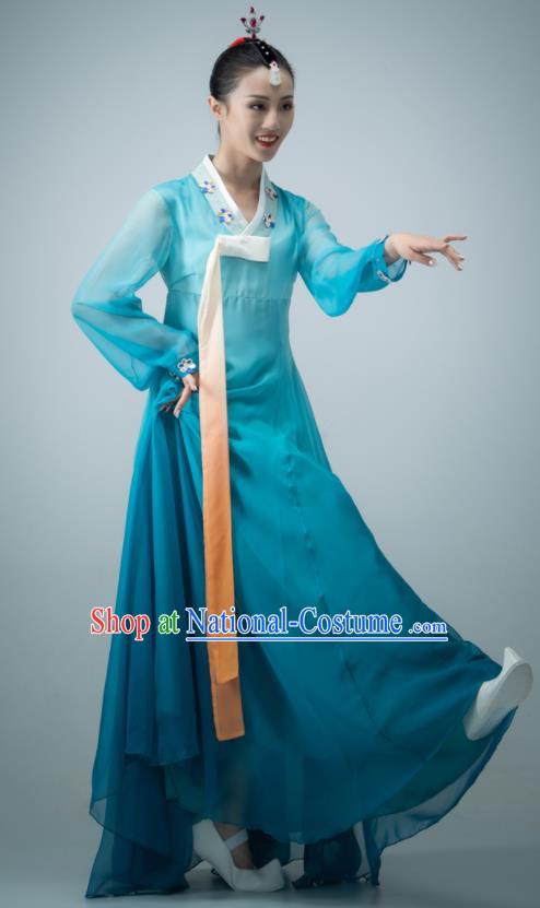 Chinese Women Stage Performance Costume Classical Dance Blue Dress Korean Nationality Dance Clothing