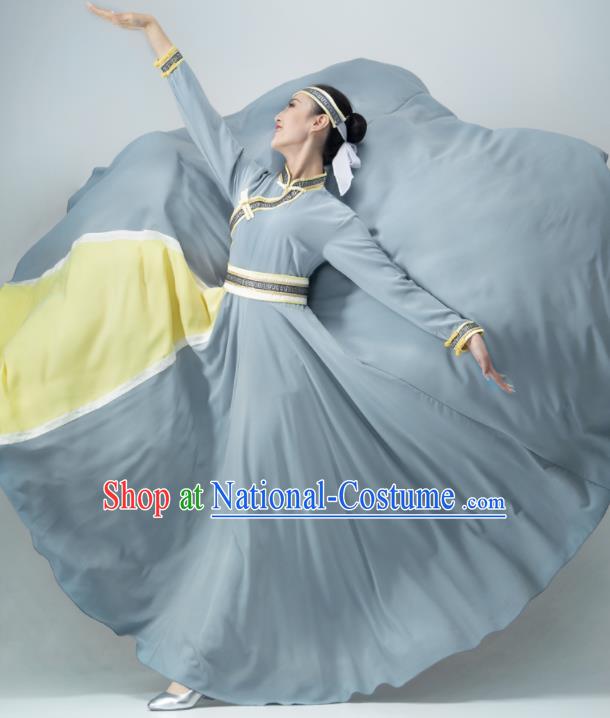 Chinese Classical Dance Clothing Mongol Nationality Stage Performance Costume Mongolian Women Dance Grey Dress